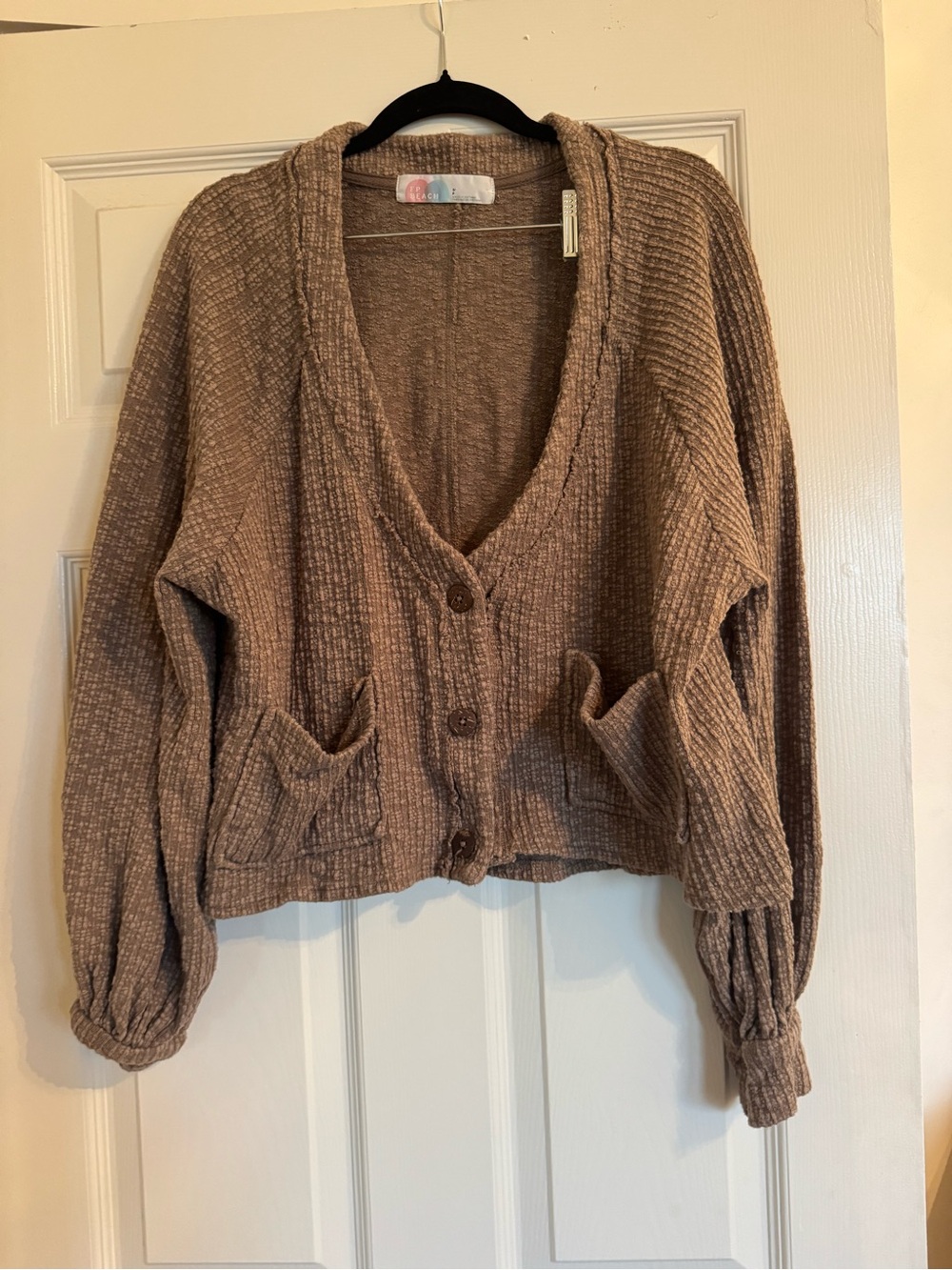 Free People Taupe Waffle Knit Button Cardigan & Shorts Set - Picture 3 of 8